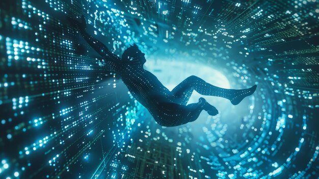 Un hombre está cayendo a través de un túnel azul con muchas luces el túnel es muy largo y el hombre es i