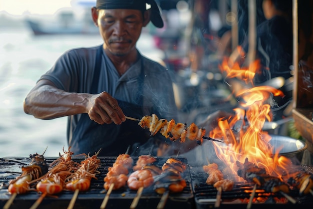 Un hombre está cocinando comida en una parrilla