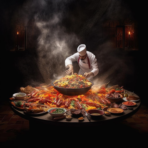 Un hombre está cocinando comida en un restaurante con un plato grande de comida sobre la mesa.