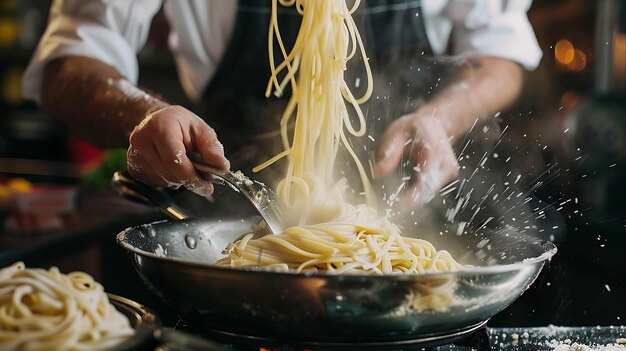 un hombre está cocinando espagueti en una sartén con espagueti y pasta