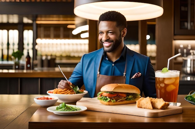 Un hombre está comiendo una hamburguesa y una gran taza de té.