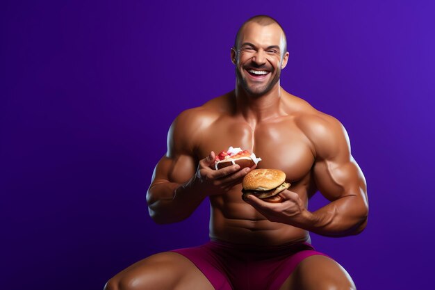 Un hombre está comiendo una hamburguesa y sonriendo.