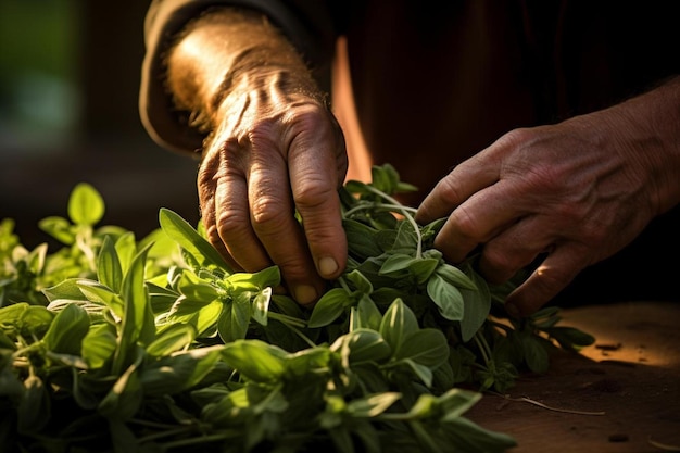 un hombre está cortando albahaca verde con una mano que dice "fresco".