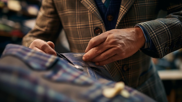 un hombre está cortando una pieza de tela con una camisa que dice manos