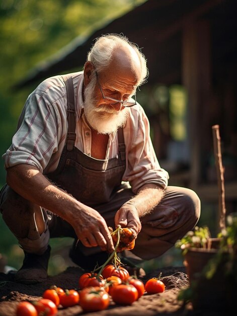 un hombre está cortando tomates con una barba