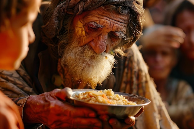 Un hombre le está dando comida a otro hombre.