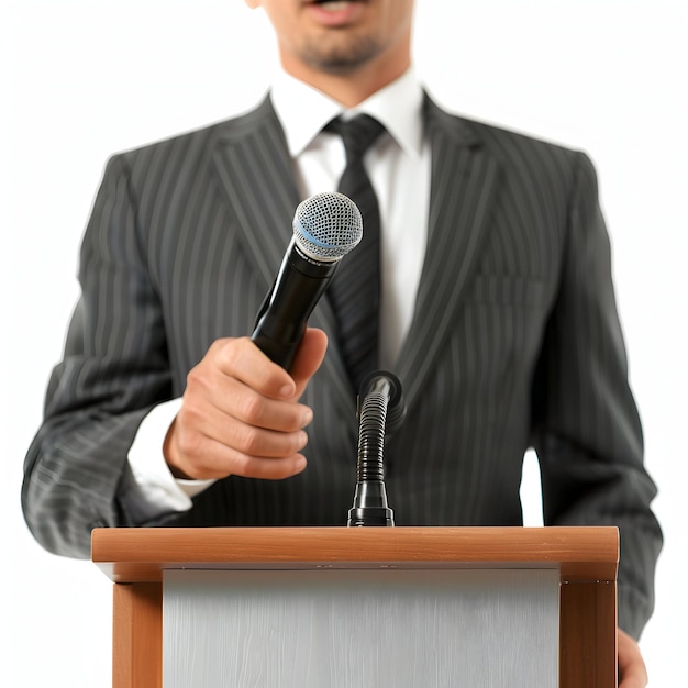 un hombre está dando un discurso en un podio que dice la palabra cita en él
