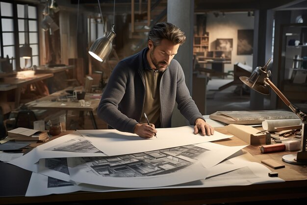 un hombre está dibujando una imagen de un edificio con dibujos en él