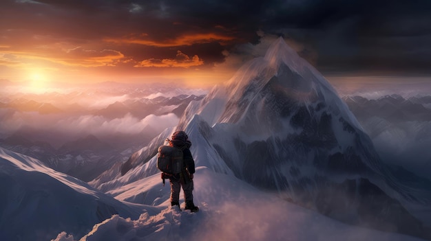 Un hombre está escalando una alta montaña nevada.