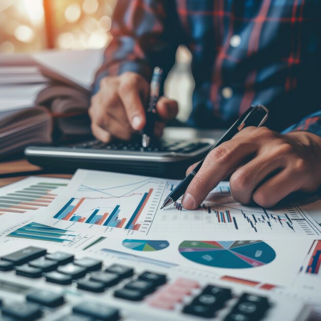 un hombre está escribiendo en una calculadora con un gráfico en él