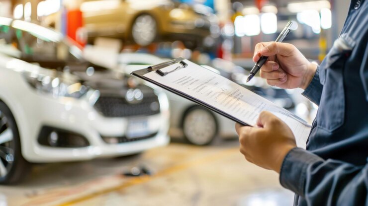 Un hombre está escribiendo en un clipboard junto a un coche