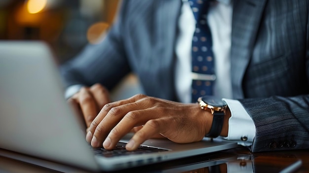 un hombre está escribiendo en una computadora portátil con las manos en el teclado