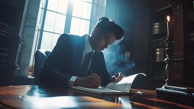 un hombre está escribiendo en un libro y está escribiando en una habitación oscura