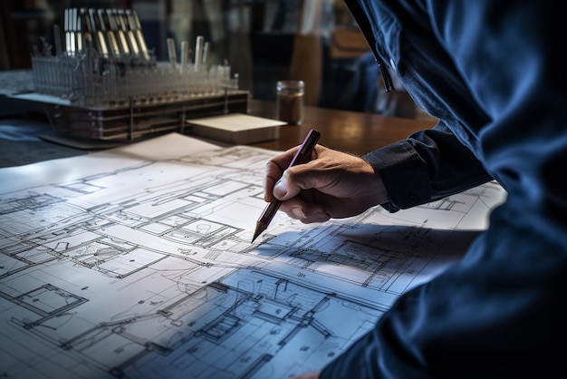 un hombre está escribiendo en un papel con una pluma y un dibujo de un edificio en el fondo