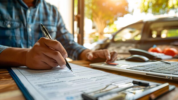 un hombre está escribiendo en un pedazo de papel con un bolígrafo en él