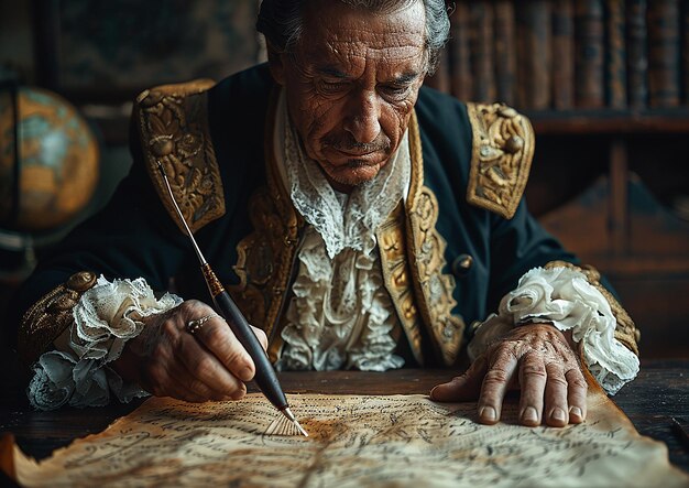 un hombre está escribiendo en un pedazo de papel con un bolígrafo y una pluma