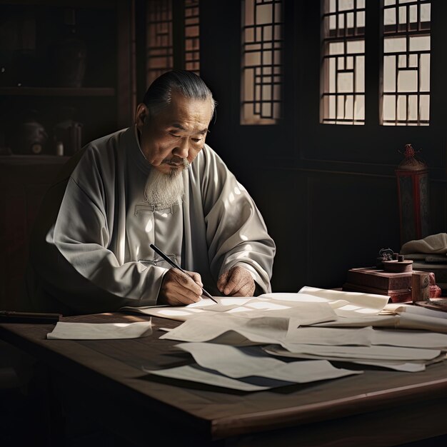 un hombre está escribiendo en una pieza de papel con un bolígrafo