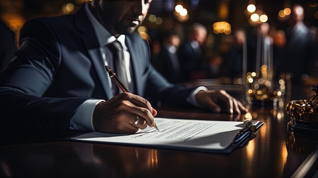 un hombre está escribiendo en una reunión de negocios