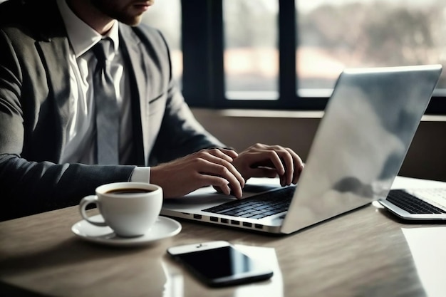 un hombre está escribiendo en su computadora portátil y una taza de café.