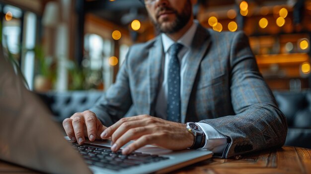 un hombre está escribiendo en su portátil en un bar
