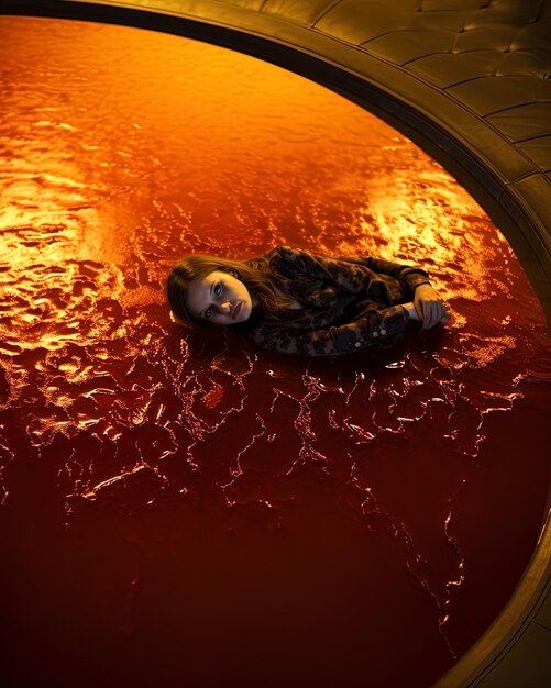 un hombre está flotando en una piscina de líquido rojo