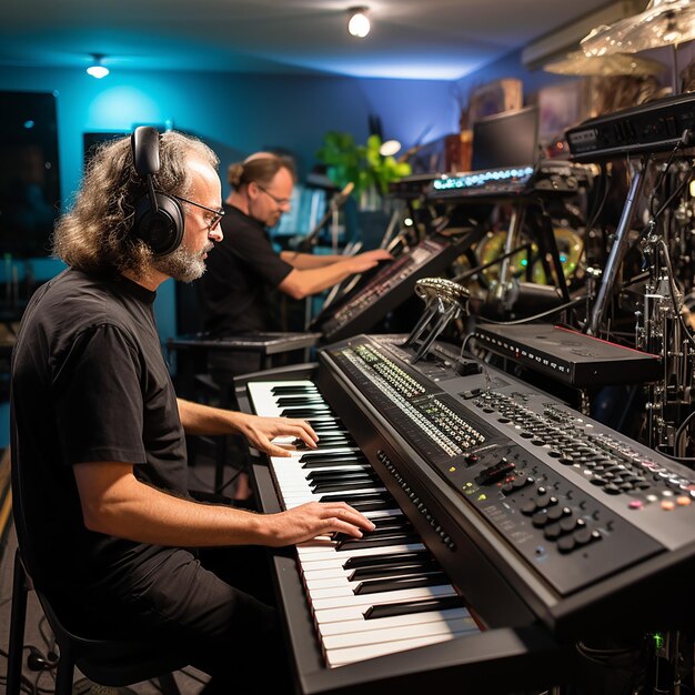 el hombre está grabando su instrumento de teclado tocando