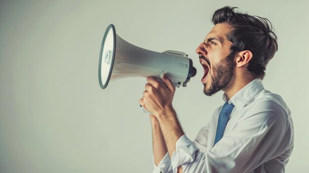 El hombre está gritando en un megáfono