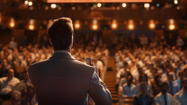 un hombre está hablando frente a una gran audiencia