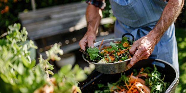 Un hombre está haciendo compost de las sobras de la cocina