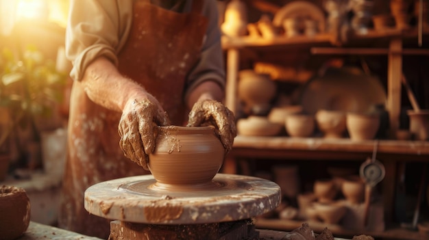 Un hombre está haciendo una olla en una rueda de cerámica AIG41