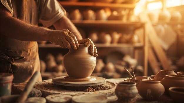 Un hombre está haciendo una olla en una rueda de cerámica AIG41