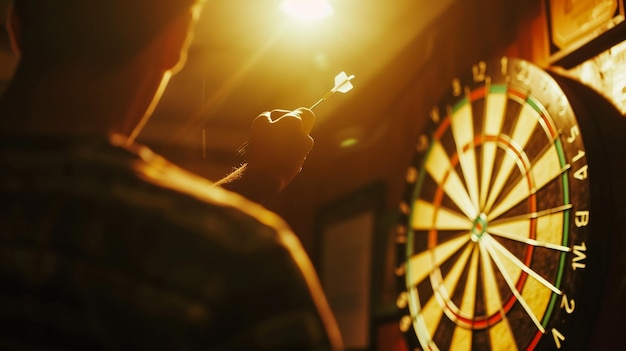 un hombre está jugando un juego de dardos con un tablero de dartos en el fondo