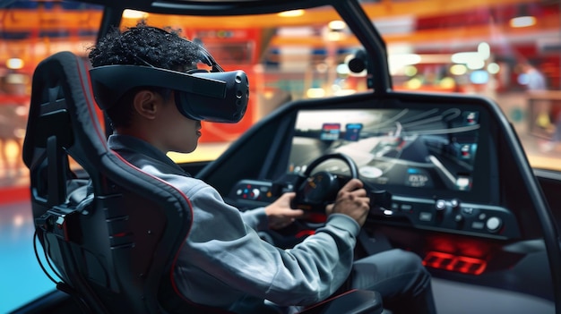 Un hombre está jugando a un videojuego en un simulador de realidad virtual