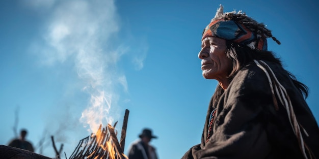 Un hombre está junto a un fuego con el cielo de fondo.