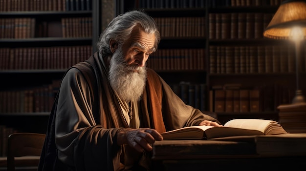 un hombre está leyendo un libro en una biblioteca con muchos libros