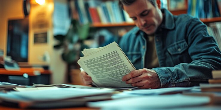 un hombre está leyendo un libro frente a un libro que tiene la palabra en él