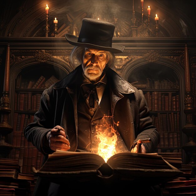 un hombre está leyendo un libro con un fuego ardiendo en su mano