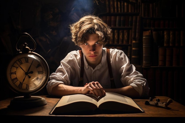 un hombre está leyendo un libro con un reloj de fondo.