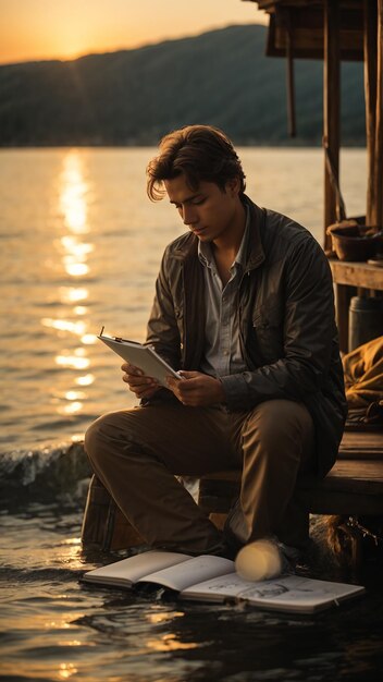 un hombre está leyendo en la playa al atardecer ai creado