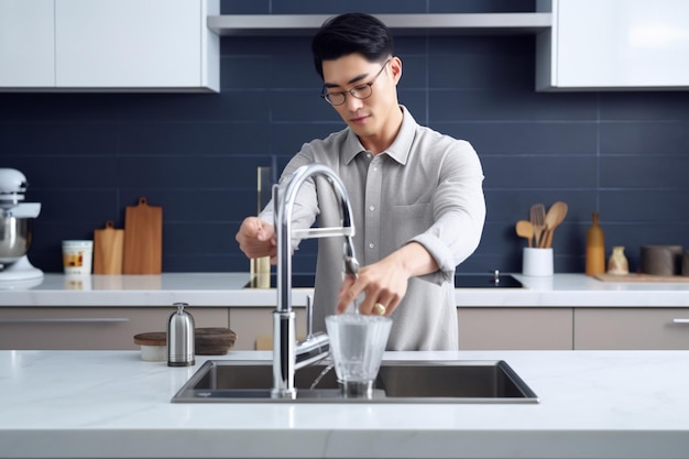 Un hombre está llenando un vaso de agua en una cocina.