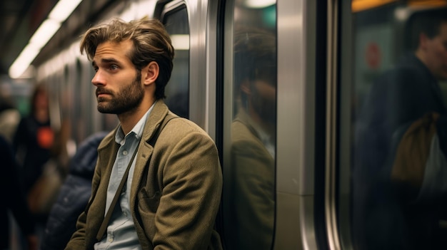 El hombre está en un metro cerca de la ventana hermosa imagen de ilustración IA generativa