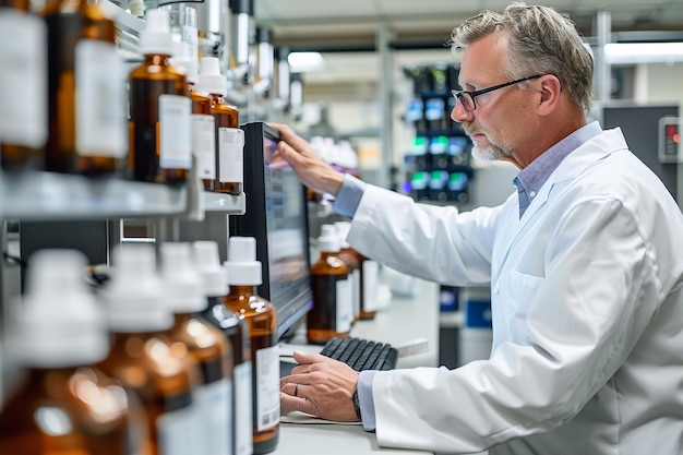 un hombre está mirando un estante de botellas de medicina