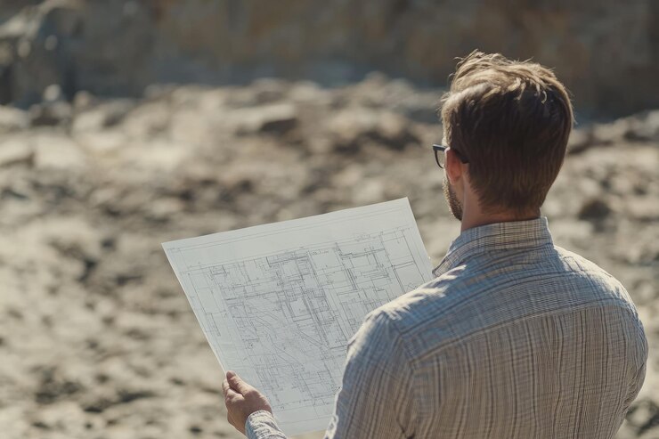 Un hombre está mirando un mapa mientras está de pie en una playa de arena