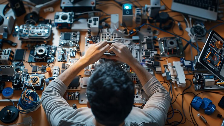 Foto un hombre está mirando una pantalla de computadora con muchos cables y cables