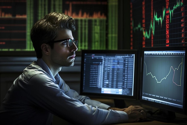 Un hombre está mirando la pantalla de una computadora con la palabra gráfica.