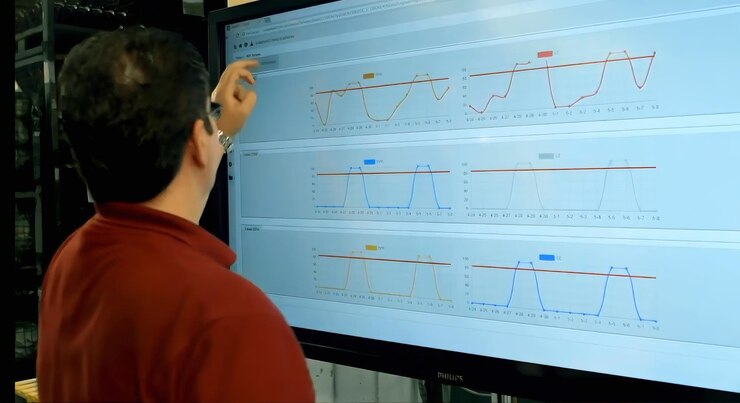 Foto un hombre está mirando una pantalla de computadora que tiene un gráfico en él