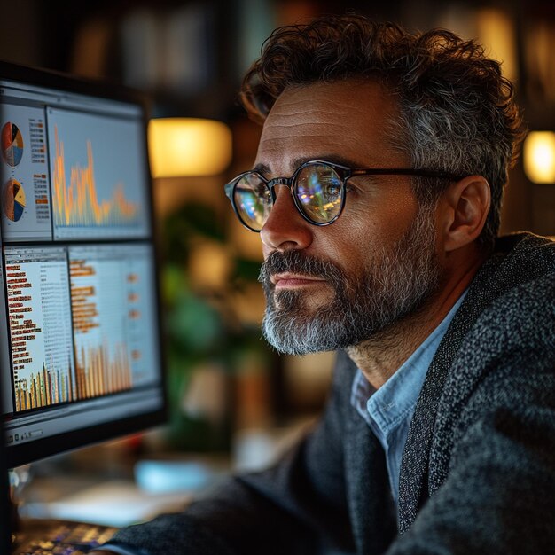 un hombre está mirando una pantalla de computadora que tiene un gráfico en él