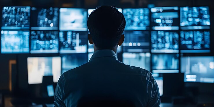 un hombre está mirando una pantalla con un fondo azul