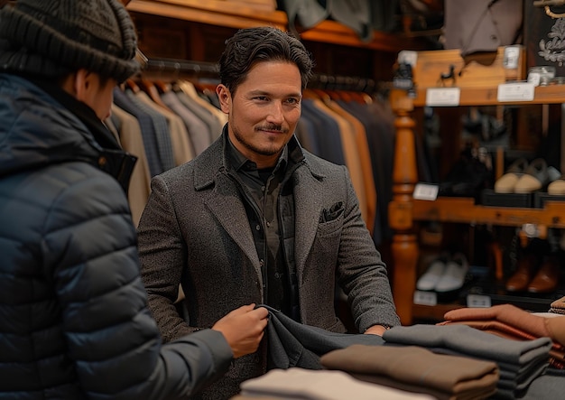 un hombre está mirando un traje en una tienda