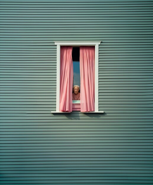 un hombre está mirando por una ventana con una cortina rosa